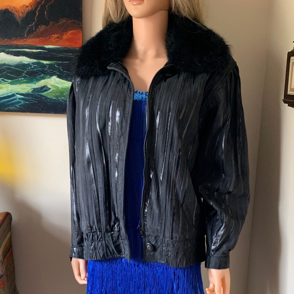 MINK Luxury Bespoke Leather Jacket w/Fur Collar Likely Mink See Measurements